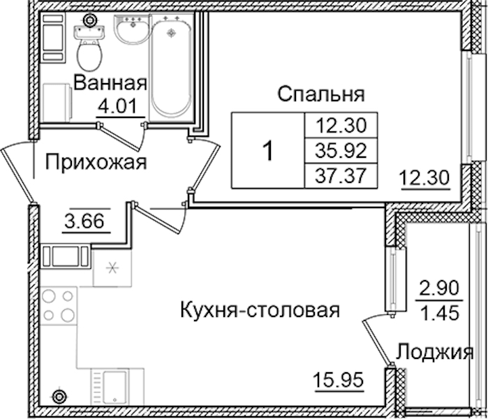 1-комнатная квартира 37.37 м², 7/9 эт., ЖК «Квартал Заречье»